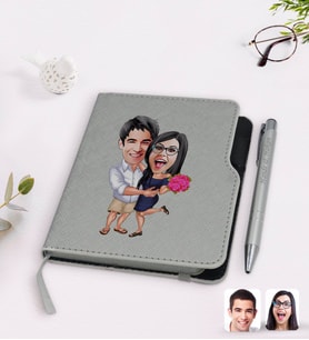 BK Gift Kişiye Özel Sevgililer Karikatürlü Gri Termo Deri Defter Kalem Seti-108