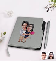 BK Gift Kişiye Özel Sevgililer Karikatürlü Gri Termo Deri Defter Kalem Seti-108