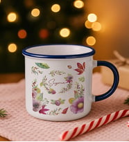BK Gift Kişiye Özel Çiçek Tasarımlı Lacivert Emaye Kupa Bardak -1, Arkadaşa Hediye, Sevgiliye Hediye