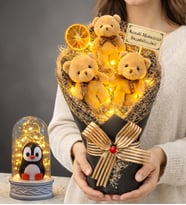 Size Özel Büyük Boy Işıklı Peluş Ayıcık Buketi ve Işıklı Biblolu Fanus Hediye Seti (Model 2)