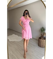 Neşeli butik kadın v yaka kuşaklı mini şifon elbise NM007 (Pudra)
