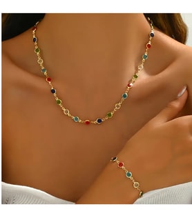 Renkli Taşlı Kolye Bileklik Set (Altın)