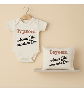 Pia Baby B24 %100 Pamuk Teyzem Annem Gibi Ama Daha Cool Yazılı Bebek Body Ve Yastık Kılıfı (Ekru)