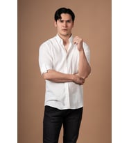 Slimfit Yaka Düğmeli Katlamalı Kol Keten Yazlık Gömlek