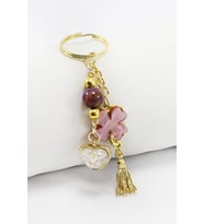 Gold Halkalı Pembe Yoncalı Parlak Kalpli Salkım Anahtarlık, Hediyelik Çanta Süsü (Standart)