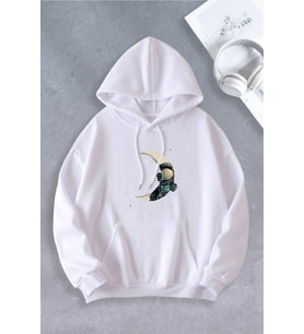 Nevermind Unisex Kadın Erkek Ay Astronot Modeli Oversize Sweatshirt 2İPLİK (Beyaz)