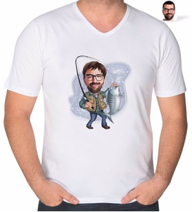 BK Gift Kişiye Özel Erkek Balıkçı Karikatürlü V Yaka Tişört-1 (Beyaz)