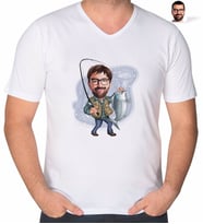 BK Gift Kişiye Özel Erkek Balıkçı Karikatürlü V Yaka Tişört-1 (Beyaz)