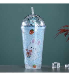 Tavşan Işıklı ve Pipetli Bardak, 450 ml, Buzlu ve Kapaklı, Mavi, 20x8 (Mavi)
