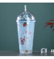 Tavşan Işıklı ve Pipetli Bardak, 450 ml, Buzlu ve Kapaklı, Mavi, 20x8 (Mavi)