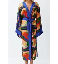 Moda Dokuma Regular Kalıp Uzun Kruvaze Standart Kol Shally Kruvaze Soyut Desen Kimono Kaftan (Çok Renkli)