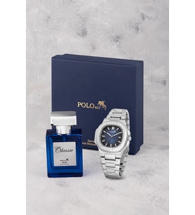 Polo Air Takvimli Erkek Kol Saati Ve 55ml Parfüm Hediyelik Kutusunda Set Gümüş Lacivert Renk ST-5009E2 (Gümüş-Lacivert)