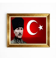 Tablore Askeri Üniformalı Atatürk ve Ay Yıldız Gold Çerçeveli Tablo - Kırmızı Zemin Türk Bayraklı Atatürk
