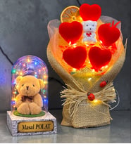 Kişiye Özel Hediye Seti Renkli Led Işıklı Fanus ve Led Işıklı Kalp Buketi (Model 4)
