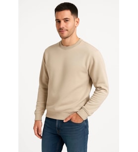 Erkek Üç İplik Düz Bisiklet Yaka SweatShirt - Bej