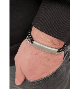 Çelik ve Boncuk Detaylı 2Li Kordon Erkek Bileklik 23 cm (Gümüş)