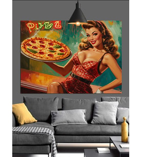 Pizza Yiyen Kız Retro Dekoratif Kanvas - Mdf Ahşap Tablo