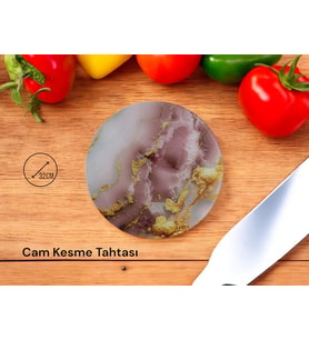 Cam Kesme Tahtası* Mutfak Tahtası 32cm Mermer Pembe Altın Görünümlü