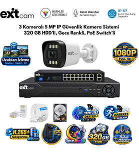 3 Kameralı 5MP IP PoE Güvenlik Kamera Seti – 10 Kanal NVR, 320GB HDD, Renkli Gece Görüşü ve Yapay Zeka