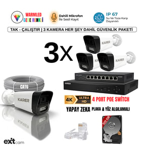 3'lü IP KAMERA-POELİ-5MP-ULTRA HD-4K 1920 ÇÖZÜNÜRLÜK-SESLİ-GECE RENKLİ GÖRÜŞ-İNSAN ve PLAKA ALGILAMALI SET (Beyaz)