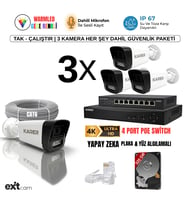3'lü IP KAMERA-POELİ-5MP-ULTRA HD-4K 1920 ÇÖZÜNÜRLÜK-SESLİ-GECE RENKLİ GÖRÜŞ-İNSAN ve PLAKA ALGILAMALI SET (Beyaz)