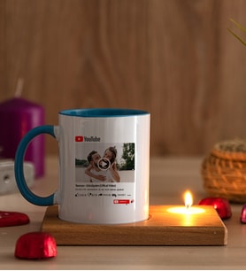 Kişiye Özel Youtube Tasarım Fotoğraflı Ahşap Altlıklı Mumlu Mavi Kupa
