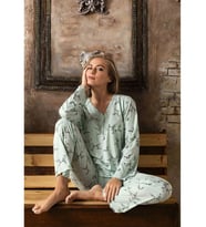 Sude Kadın Bambu Yakası Nakışlı V Yaka Uzun Kol İnce Pijama Takımı 4475/1 - 1 Adet (Yeşil)