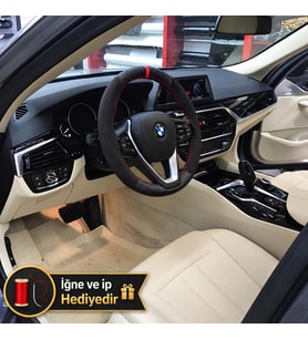 BMW G30 Dikme Direksiyon Kılıfı Alcantara Süet Mat Karbon Kırmızı Yüzük ve Dikiş 2016-2023