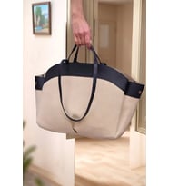 Kadın Büyük Tote Çanta Suni Deri Detaylı Geniş Hacimli Omuz Çantası Modern Stil Özel Tasarım (Siyah-Krem)