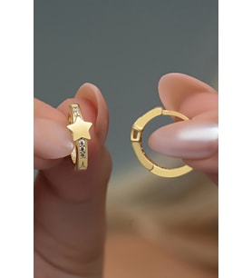 925 Ayar Gümüş Gold Kaplama Yıldız Detay 15 mm Halka Küpe