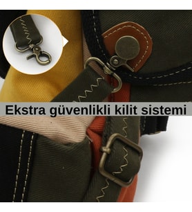 Cappadocia Vintage 4017 Haki 14" Laptop Kanvas Postacı Okul Çantası Unisex Kilitli Çok Cepli Omuz Askılı