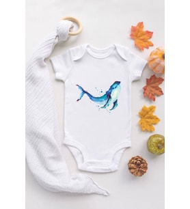 Unisex Ekru Bebek Balina Baskılı Çıtçıtlı Body
