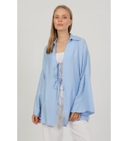Doğal Viskon Kumaş Cepli Bağcıklı Kadın Kimono 1167 – Hafif, Dökümlü, Akışkan, Yazlık Model (Mavi)