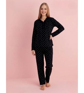 Pijamerry Kadın Bambu Baharlık Dantel Yaka Uzun Kol İnce Pijama Takımı 5211S - 1 Adet (Siyah)