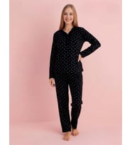 Pijamerry Kadın Bambu Baharlık Dantel Yaka Uzun Kol İnce Pijama Takımı 5211S - 1 Adet (Siyah)