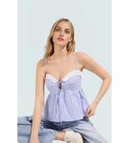 Pamuklu Terrycotton Dokuma Bluz İnce Askılı Yazlık Rahat Kalıp Özel Tasarım Seçkin Malzeme (Mavi)