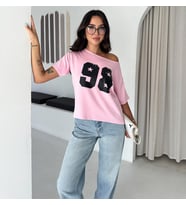 Kadın 98 Yıldız Baskılı Kayık Yaka Düşük Omuz Kısa Kol Rahat Kalıp Yazlık T-shirt