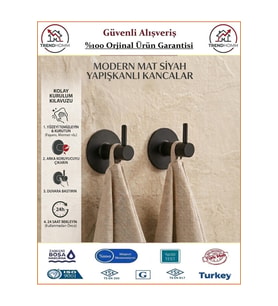 Yapışkanlı Mutfak Banyo Havlu Askılığı Mat Siyah 2 Adet