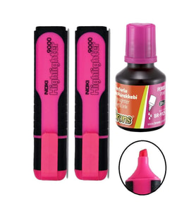 Fosforlu İşaret Kalemi Pembe Doldurulabilir 2 Adet ve Mürekkebi 30ml 1 Adet Fosforlu Neon Kalem  (Neon Pembe)