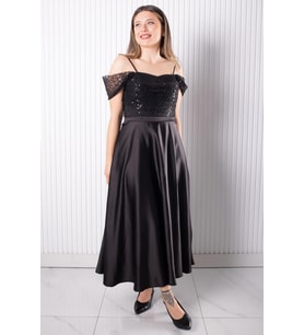 Asklı Pul Payetli Saten Abiye Elbise Siyah MDV386