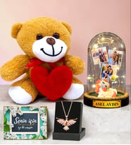 Kişiye Özel Led Işıklı Fanus & Anka Kuşu Kolye & Kalpli Peluş Ayıcık Seti (Model 5)