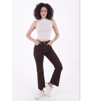 Geniş Paça Yüksek Belli Paçaları Dikişsiz Detaylı Esnek Mom Fit Kadın Kot Pantolon Kahverengi Denim