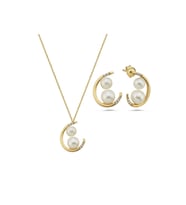 Çift Doğal İncili Küpe Kolye İkili Set (Sarı)