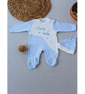 0-3 3-6 Ay Lucky Baby Nakışlı Es Çizgi Boy Şapkalı Erkek Bebek Tulumu Mavi