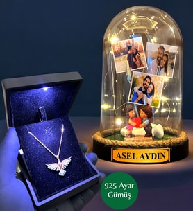 Işıklı Kutuda 925 Ayar Zümrüdü Anka Kuşu Kolye ve Size Özel Led Işıklı Fanus - Premium Set (Model 10)