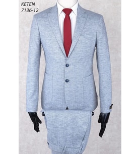 Keten Torba Cep İpli Lastikli Pantolon  Slim Fit Mono Yaka-Çift Yırtmaç Astarsız Drop 6  Takım Elbise