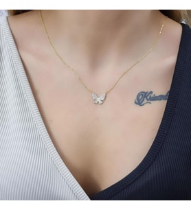 Kelebek Zirkon Taşlı 18K Altın Kolye (Karışık)