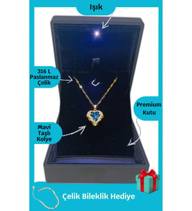 Işıklı Premium Kutuda Kalp Kolye Gold  316l Çelik - Kararmaz  Mavi Renk  Hediye Paketi