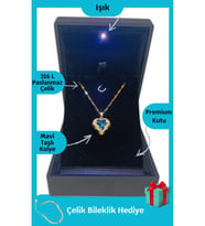 Işıklı Premium Kutuda Kalp Kolye Gold  316l Çelik - Kararmaz  Mavi Renk  Hediye Paketi