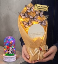 Kişiye Özel Led Işıklı Aynalı Beyaz Kelebek Buketi ve Renkli Led Işıklı Biblolu Fanus (Model 4)